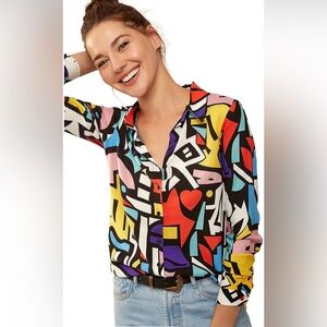 Colorful Long Sleeve Button Down Blouse